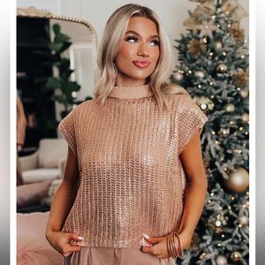 WINE TASTING METALLIC SWEATER TOP IN ROSE GOLD